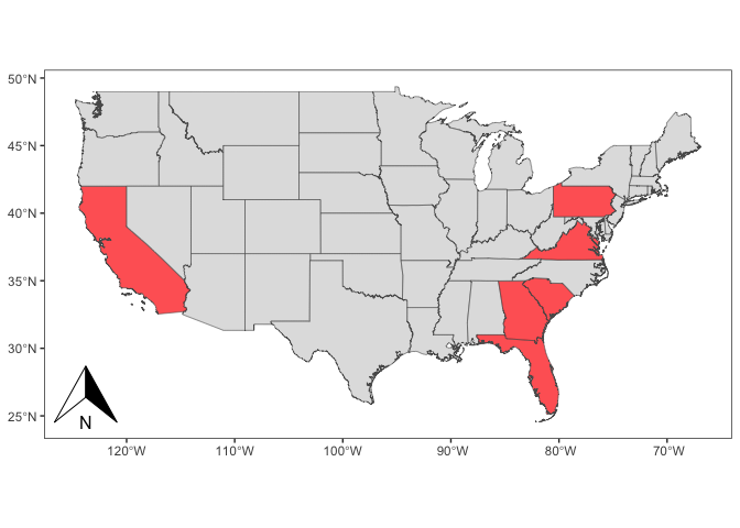 Figure 1. Geographical distribution of sampling locations in the
United States. States with study sites are indicated in
red.