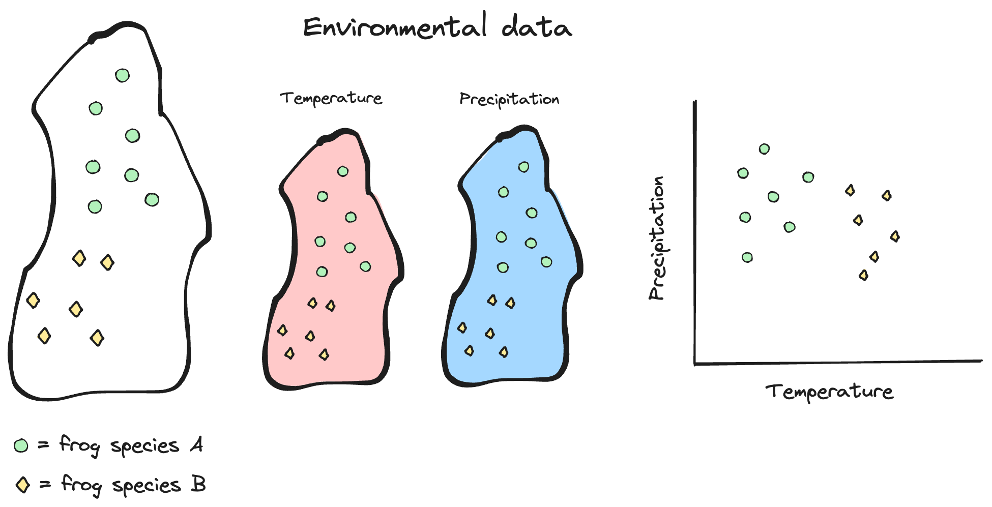 The geographic study area is indicated with the black outline, while the observed localities of two frog species are indicated with the symbols. I can download temperature and precipitation for the study area from a database and extract those values for the observed localities to get an idea of differences in environmental tolerances for the two species.